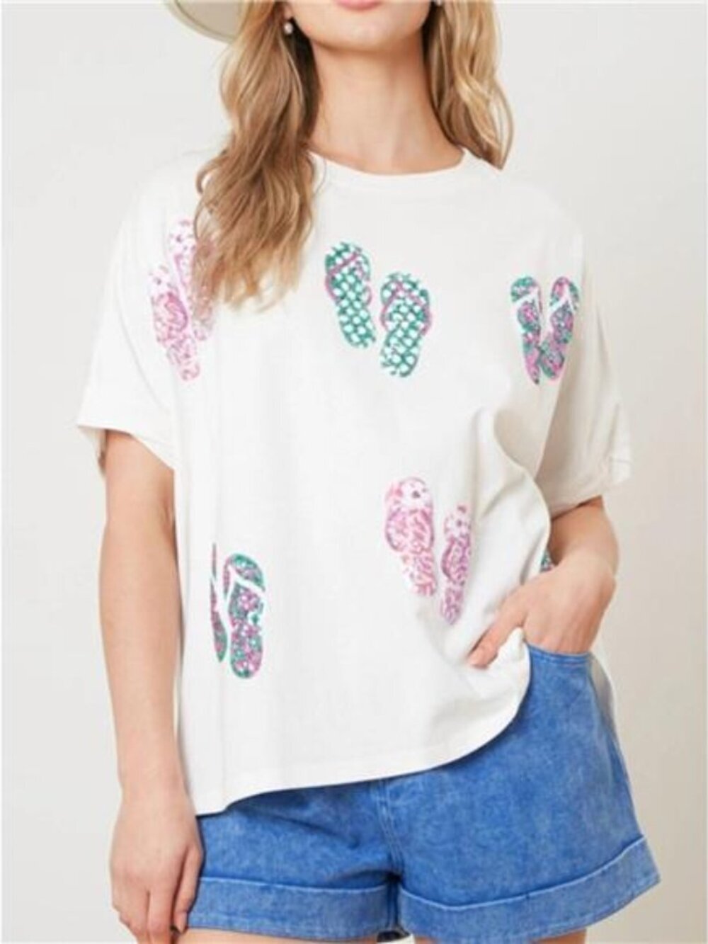 Flip-Flop Print Round Neck Casual T-Shirt